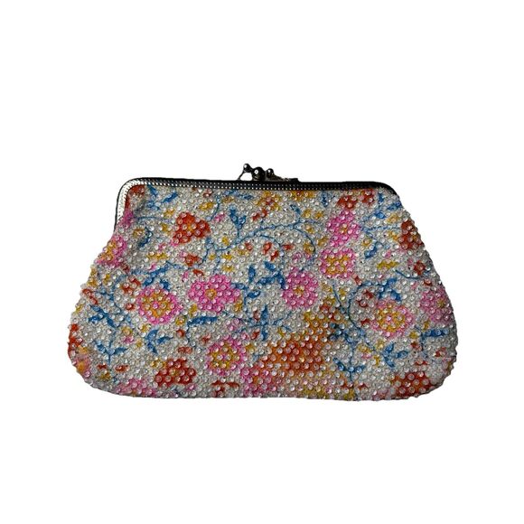 Vintage White Pink Red Blue Lumured Corde Bead Bag Hand Bag Wallet Coin Purse - Picture 7 of 7